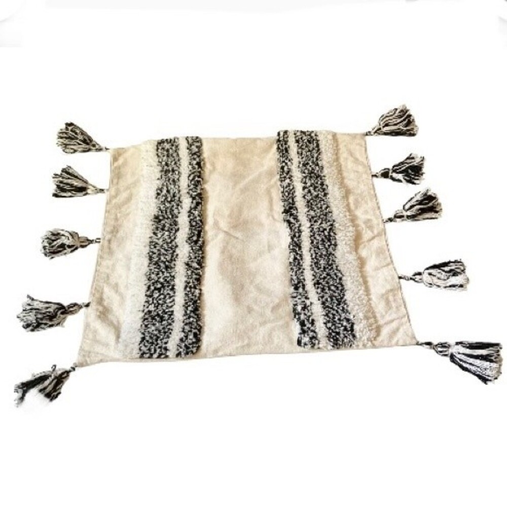 Accent Throw Pillow Tufted Boho Black Cream White with 10 Tassels  18 x 18 in